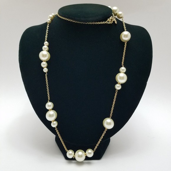 J CREW Faux Pearl Chain Necklace Long Goldtone Boho - Picture 1 of 6
